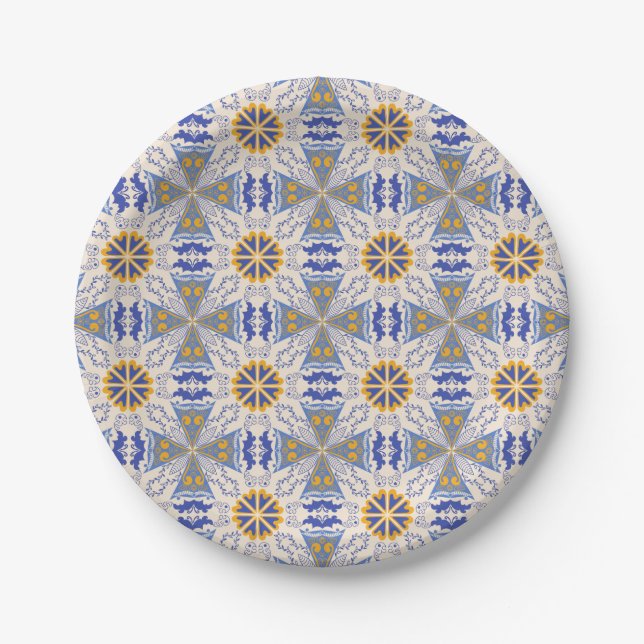 geometric pattern with blue, yellow, and white  pappteller (Vorderseite)