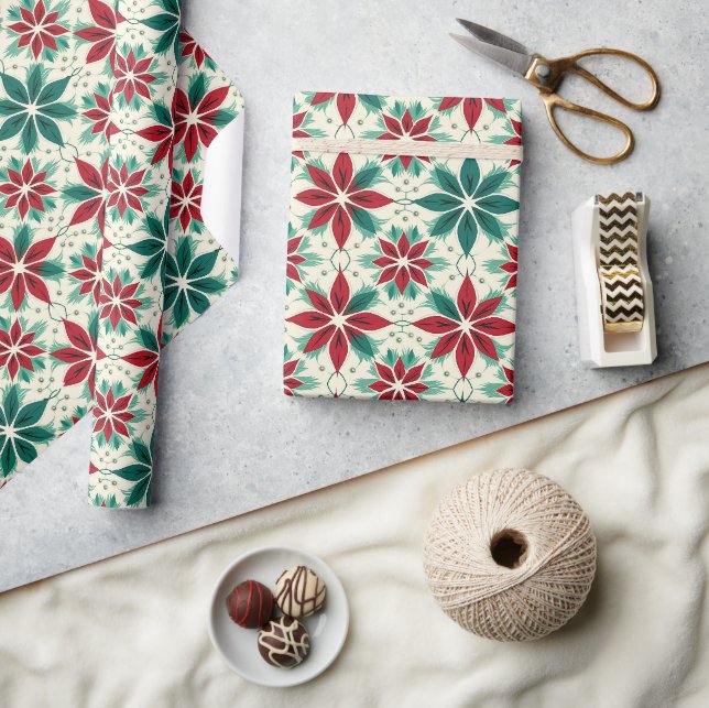 Geometric Poinsettia Red Green Xmas Mustergeschenk Geschenkpapier (Kunsthandwerk)