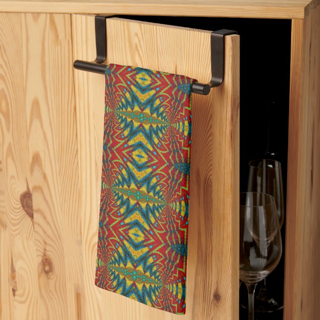 Geometric Red Blue & Yellow Vintag Tribal Ethnic Geschirrtuch (Drittel gefaltet)