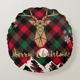 Geometric Reindeer Karierter Weihnachtswurfkissen Rundes Kissen