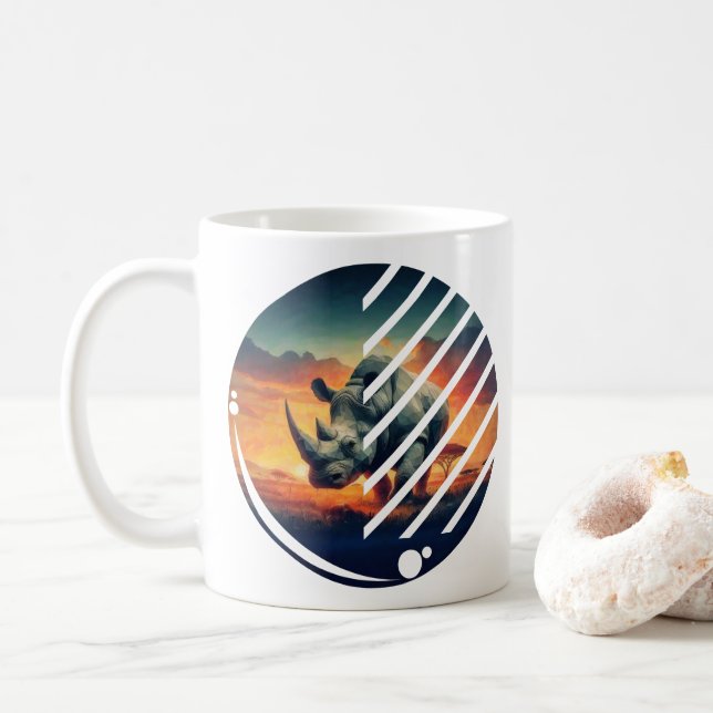 Geometric Rhino Sunset Scene Kaffeetasse (Mit Donut)