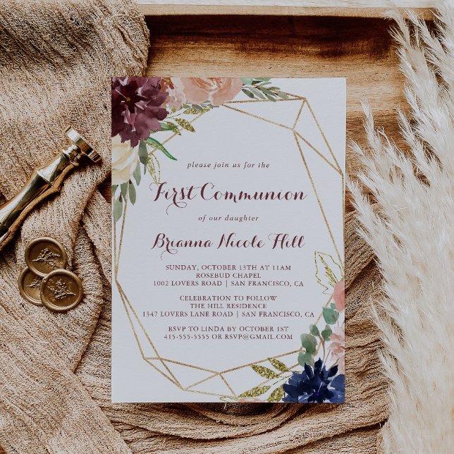 Geometric Rustic Gold Calligraphy First Communatio Einladung (Von Creator hochgeladen)