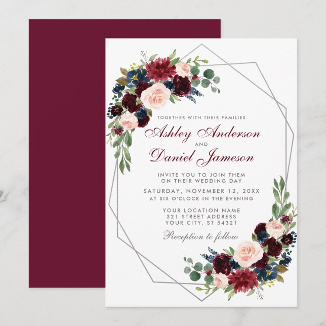Geometric Silver Burgundy Blue Floral Wedding Einladung (Vorne/Hinten)