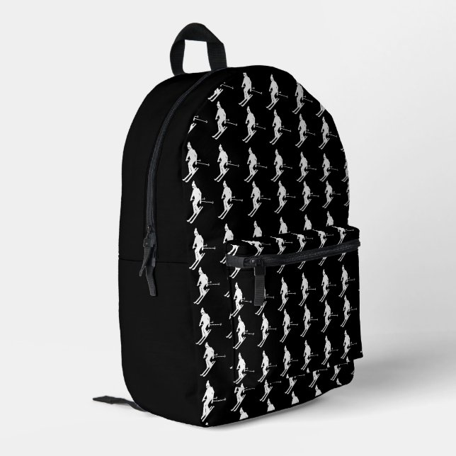 Geometric Skiers Winterski Muster Schwarz Bedruckter Rucksack (Rückseitige Ecke links)