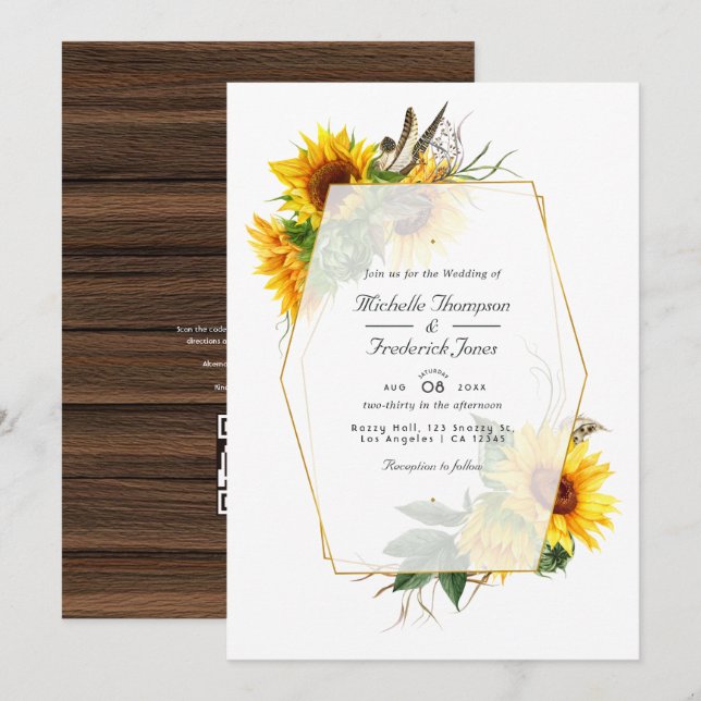 Geometric Sunflower Rustic QR Code UAWG Wedding Einladung (Vorne/Hinten)
