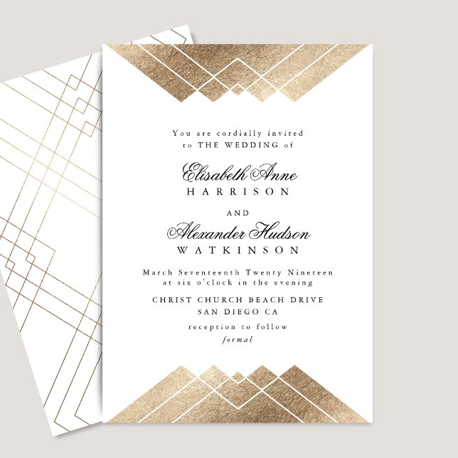 Geometric White Gatsby Calligraphy Wedding Einladung (Von Creator hochgeladen)