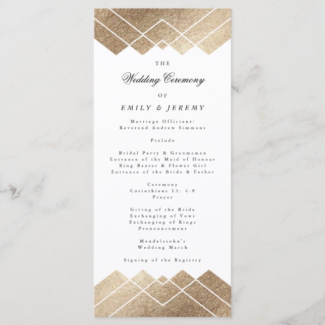Geometric White Gold Gatsby Wedding Program Programm (Vorderseite)