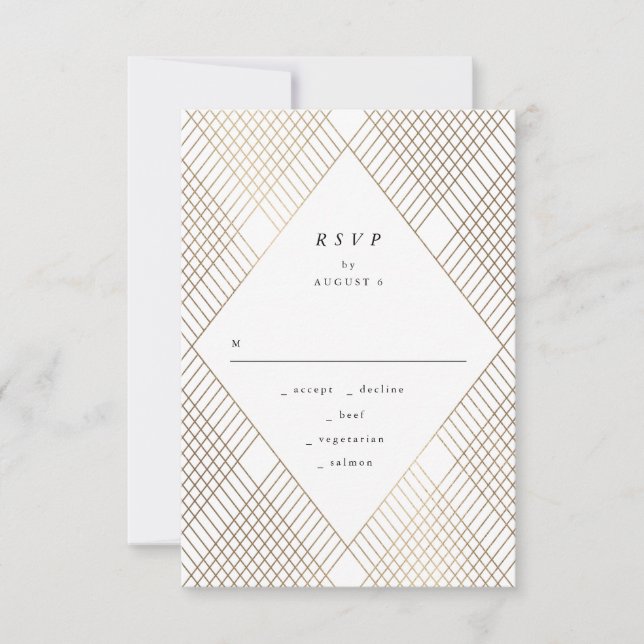 Geometric White Gold Gatsby Wedding RSVP Karte (Vorderseite)