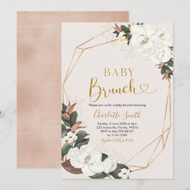 Geometric White Magnolia Baby Brunch Einladung (Vorne/Hinten)