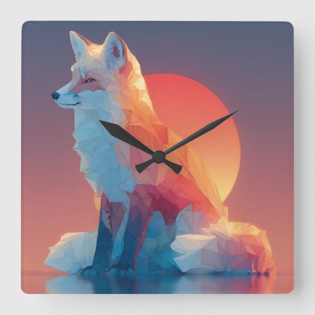Geometric Wolf Silhouette |Modern Polygon Wildlife Quadratische Wanduhr (Vorderseite)