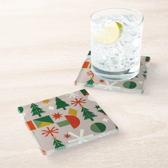 Geometric Xmas Trees Snowflakes Throw Pillow Glasuntersetzer (Schrägansicht)