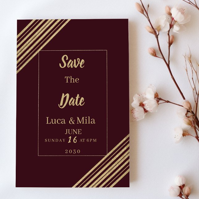 Geometrical burgundy gold typo Save the Date Einladung (Geometrical burgundy gold typo Save the Date)