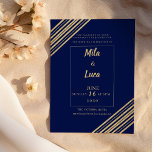 Geometrical navy blue gold typography Wedding Einladung<br><div class="desc">Elevate your wedding style with these modern navy blue and gold invitations, featuring sleek geometric accents and elegant typography. The rich navy background contrasts beautifully with metallic gold detailing for a timeless, luxurious look. Clean lines and minimalist layout add a contemporary edge to classic wedding elegance. Perfect for couples seeking...</div>