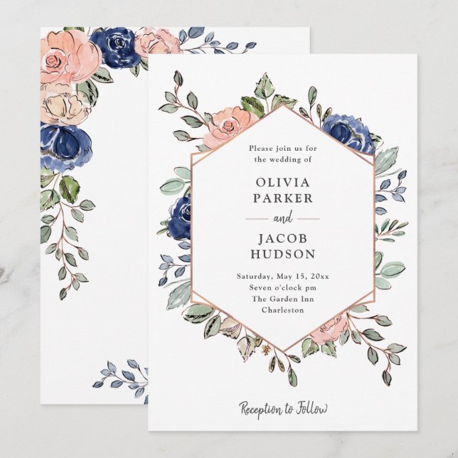Geometrie der Blüte und des Navy-Floral | Hochzeit Einladung (Vorne/Hinten)