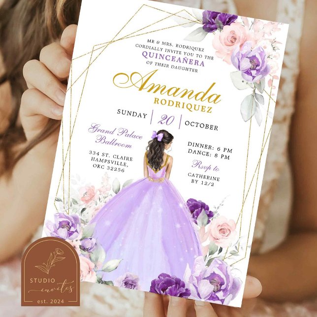 Geometrie Lila und Gold Royal Crown Quinceanera Einladung (Von Creator hochgeladen)
