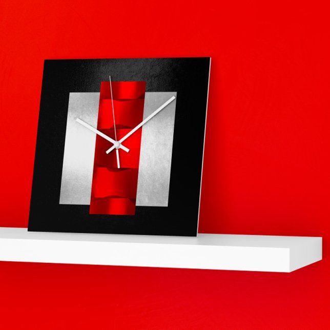 Geometrie Modernes Red Gray Silver Black Oriental  Quadratische Wanduhr (Von Creator hochgeladen)