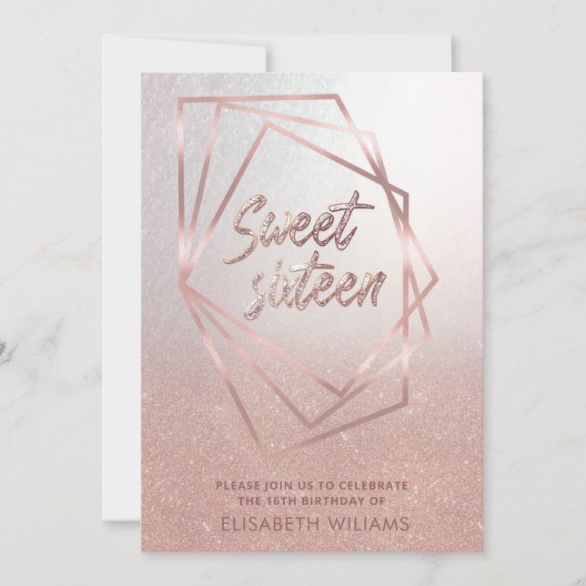 Géométrique Rose or glittery ombre Invitation (Devant)