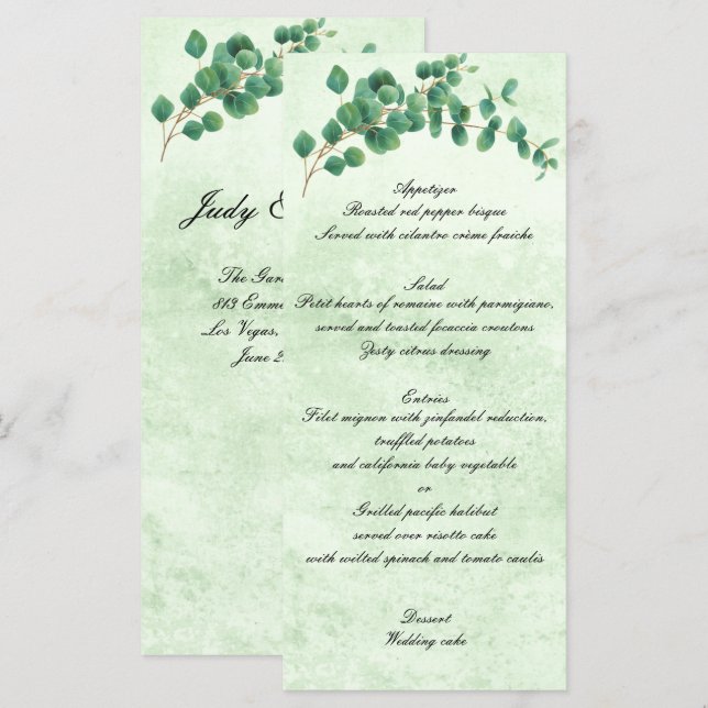 Géométrique Vert Eucalyptus Feuille Menu Mariage (Devant / Derrière)