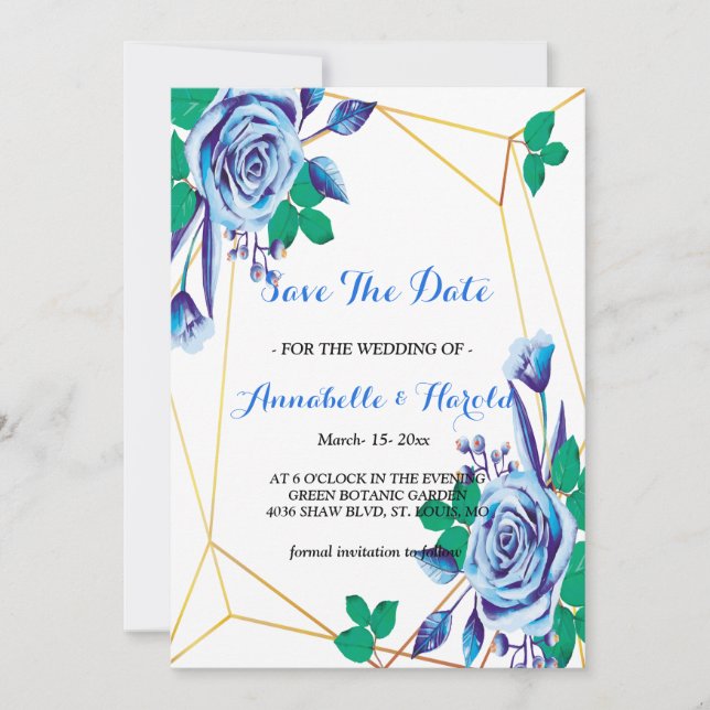 Geometrisch, blau, blühend Save the Date (Vorderseite)