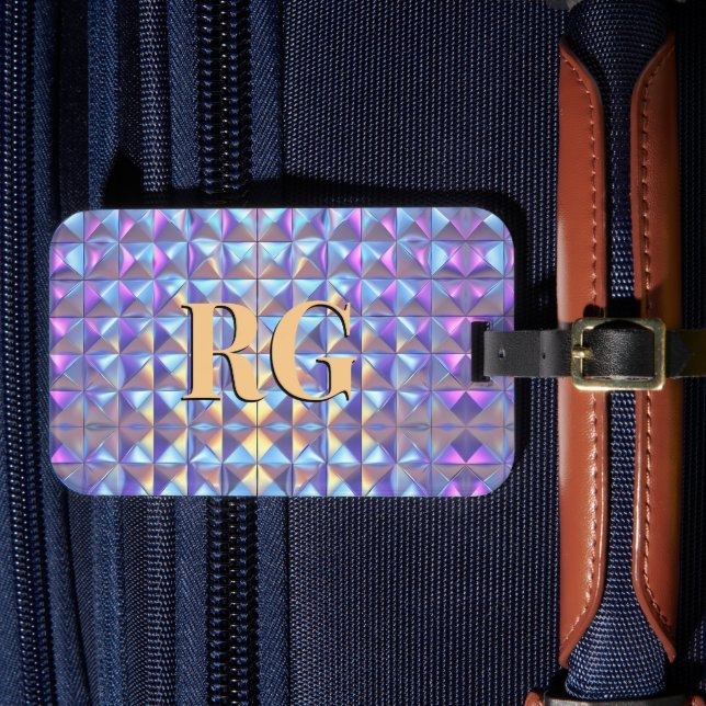 Geometrisch für Monogramm, Gold, Blau und Lila Iri Gepäckanhänger (Vorderseite Insitu 4)