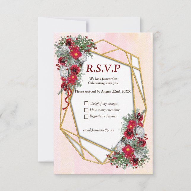 Geometrisch - Glitzer Burgundy-Blume RSVP Karte (Vorderseite)