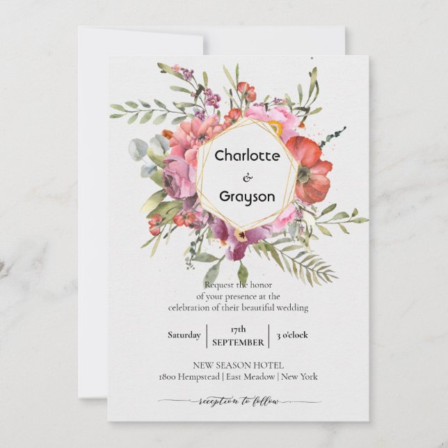 Geometrisch Gold | Violet Floral Bouquet Wedding Einladung (Vorderseite)