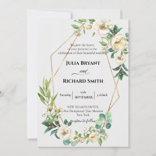 Geometrisch Gold   White Floral Foliage Wedding Einladung