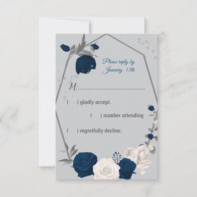 geometrisch graue, blaue und weiße Blume Rsvp-Kart RSVP Karte (Vorderseite)