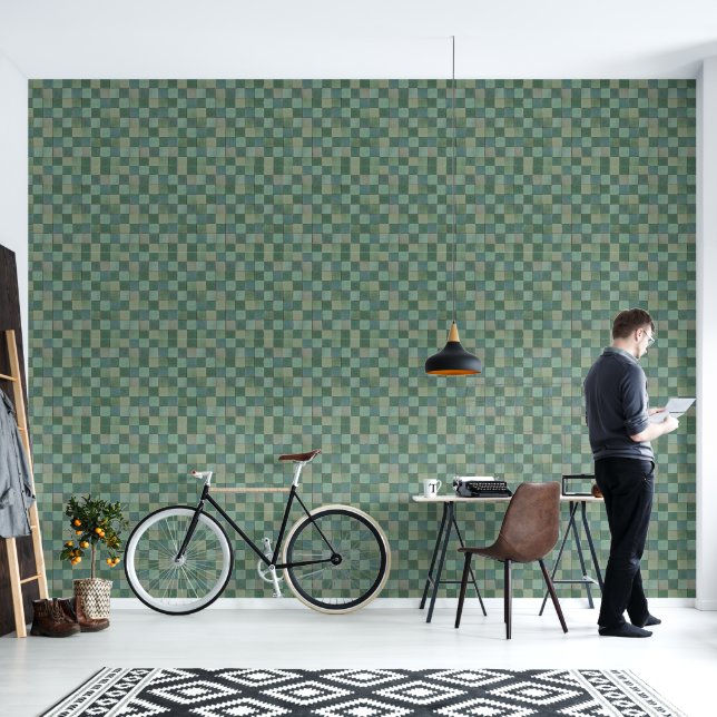 geometrisch grüne Fliesenmuster Vinyl Tapete (Wohnbereich)