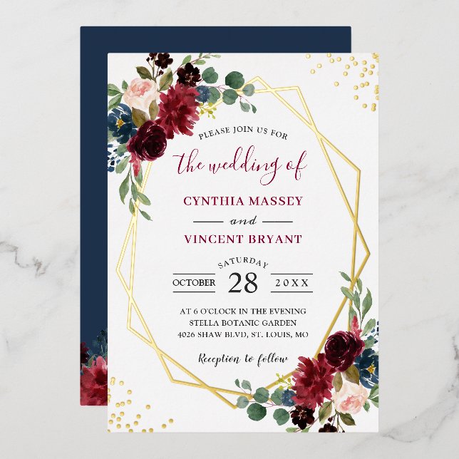 Geometrisch | Hochzeit der Burgunder Marine Folieneinladung (Vorderseite/Rückseite)