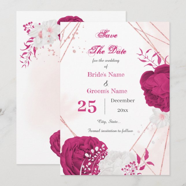 geometrisch hübsche Fuchsien und weiße Blumen Save The Date (Vorne/Hinten)