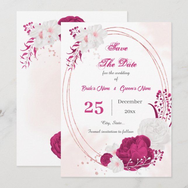 geometrisch hübsche Fuchsien und weiße Blumen Save The Date (Vorne/Hinten)