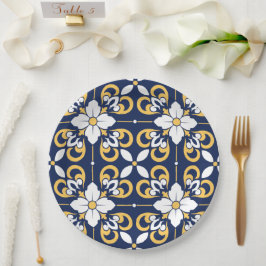 geometrisch-marokkanisch-blaue goldene Zierfliese Pappteller