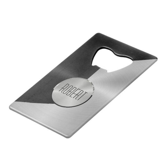 geometrisch-metallisches Schwarz-Silber-Design Geldbeutel Flaschenöffner (Rückseite Schrägansicht)