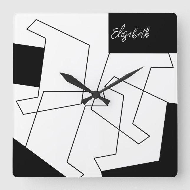 Geometrisch Mit Monogramm Schwarz und Weiß Quadratische Wanduhr (Vorderseite)