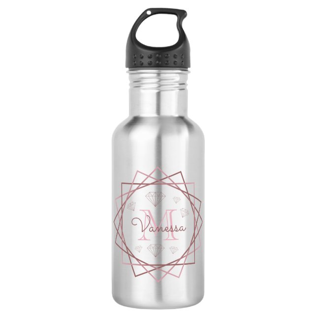 Geometrisch moderne Rose Gold Monogram Edelstahlflasche (Vorderseite)