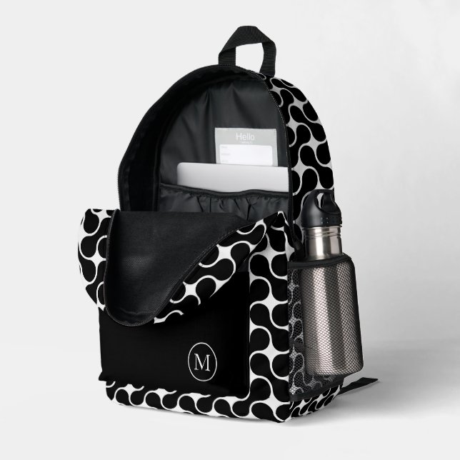 Geometrisch moderne Schwarz-Weiß-Monogramm Bedruckter Rucksack (Rückseitige Ecke links (Offen) )