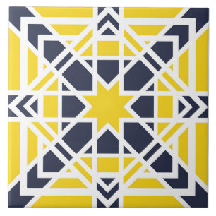 Geometrisch, ornamental, Senfgelb, blau Fliese