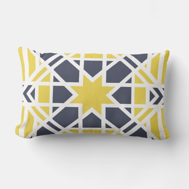 Geometrisch, ornamental, Senfgelb, blau Kissen Für Draußen (Vorderseite)
