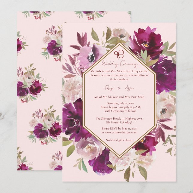 Geometrisch rosa Floral Sikh Ik Onkar Hochzeit Einladung (Vorne/Hinten)