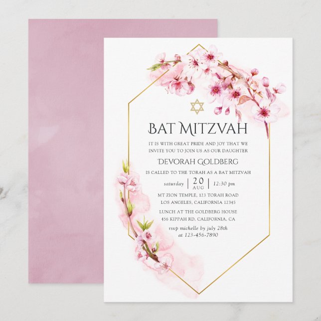 Geometrisch rosa Kirsche Blossom Bat Mitzvah Einladung (Vorne/Hinten)