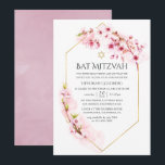 Geometrisch rosa Kirsche Blossom Bat Mitzvah Einladung<br><div class="desc">Rosa Aquarellblütenfeder Fledermaus mitzvah Einladung mit Sakurenblüte mit goldenem geometrischem Rahmen,  angepasst an Ihre Veranstaltungsspezifikationen.</div>