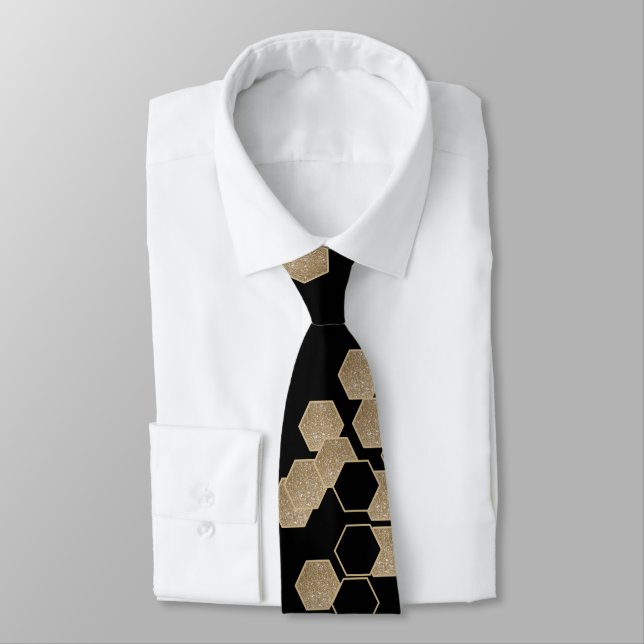 geometrisch-schwarz-goldenes Hexagon-Muster Krawatte (Gebunden)