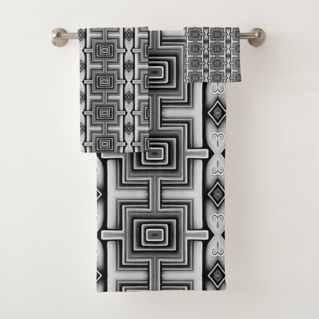Geometrisch Schwarz-weiß und grau Aztec Badhandtuch Set (Insitu)