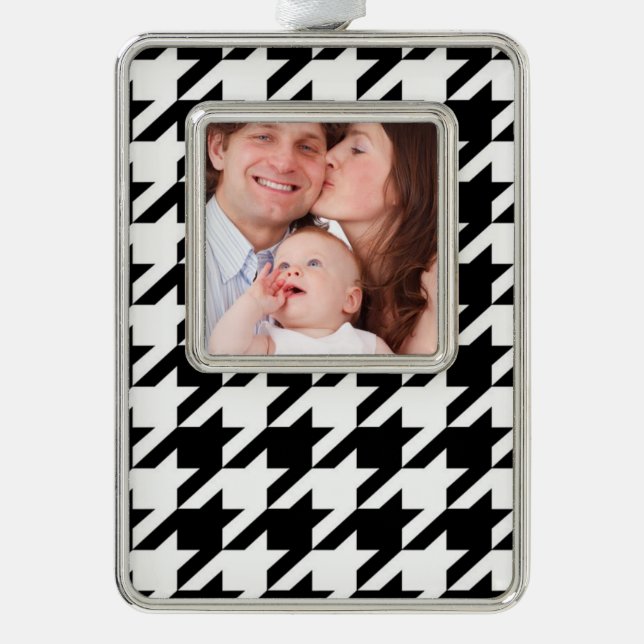 geometrisch Schwarz-weißes Hahnentrittmuster Rahmen-Ornament Silber (Vorderseite)