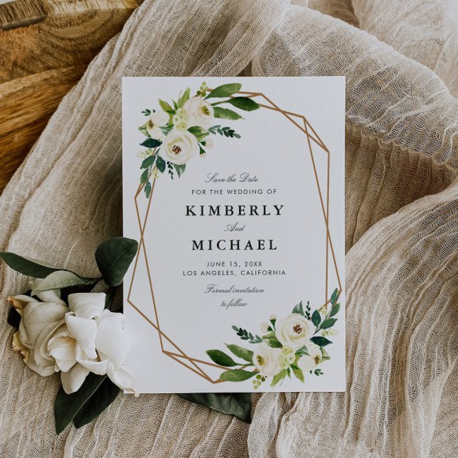 geometrisch-weiße, blumenförmige Save the Date-Kar Date (Von Creator hochgeladen)