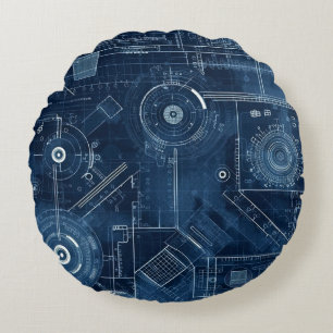 Geometrisch Zeichnend Blueprint Rundes Kissen