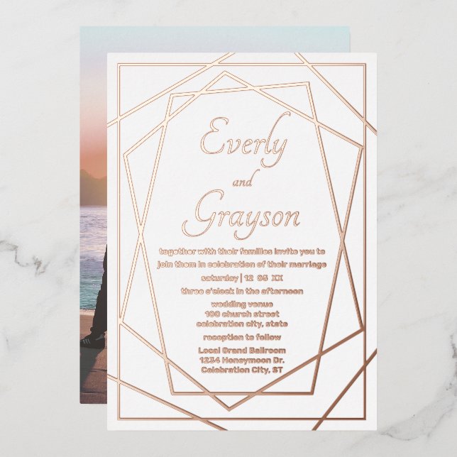 Geometrische Abstrakte Rahmen Rose Gold Wedding fü Folieneinladung (Vorderseite/Rückseite)