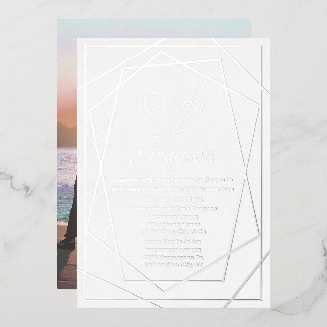 Geometrische Abstrakte Rahmen-SILVER-Hochzeit Folieneinladung (Vorderseite/Rückseite)