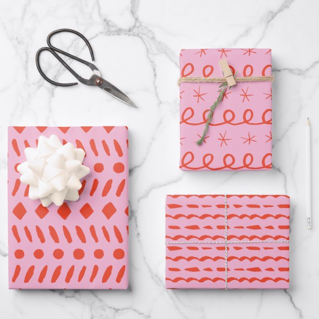Geometrische Abstrakte Weihnachten in Rot und Rosa Geschenkpapier Set (Vorderseite)